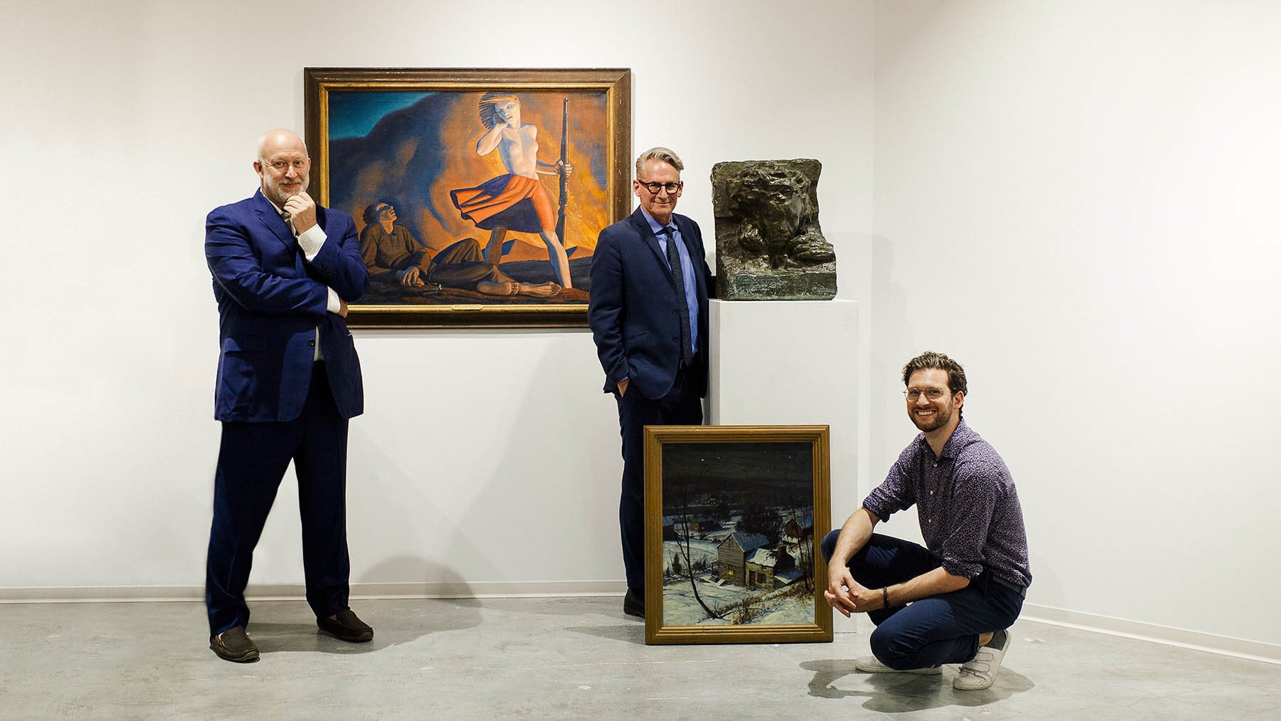 Alasdair Nichol, David Weiss and Raphaël Chatroux posing in American Art exhibition